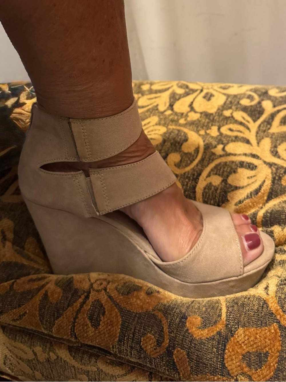 Payless Beige Suede Wedge Sandals with Ankle Straps